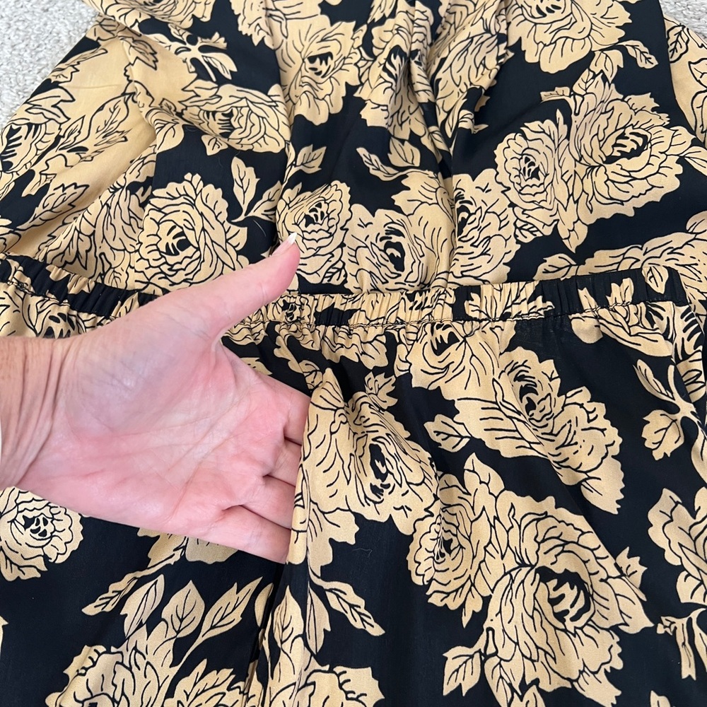 Rachel Zoe Wide Leg Boho Palazzos Pants | Black & Tan Rose Floral | Pockets - Picture 4 of 10
